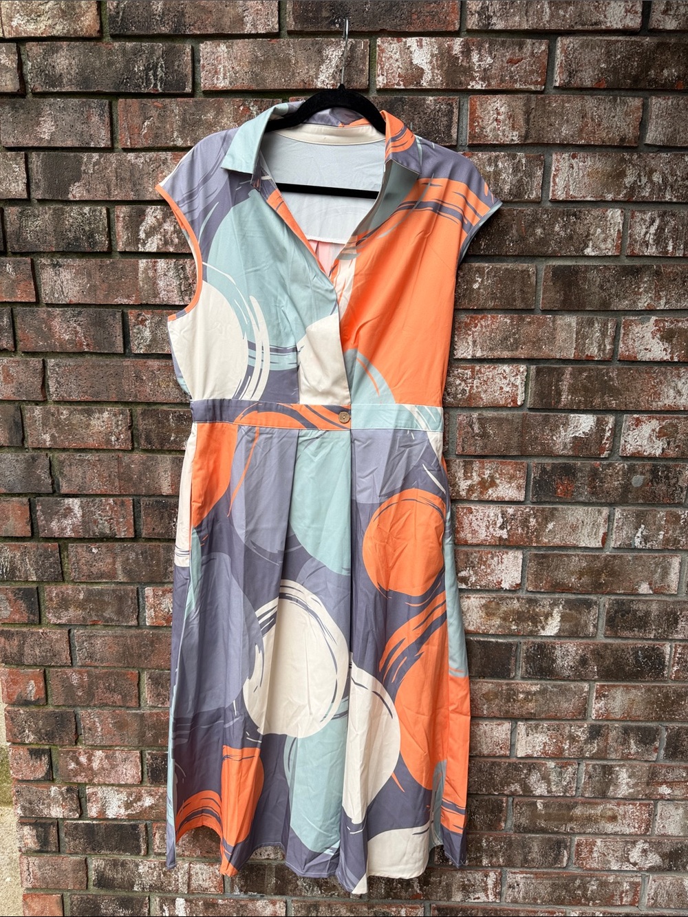 Abstract Print Cap-Sleeve Midi Dress - Orange, Gray & Cream
